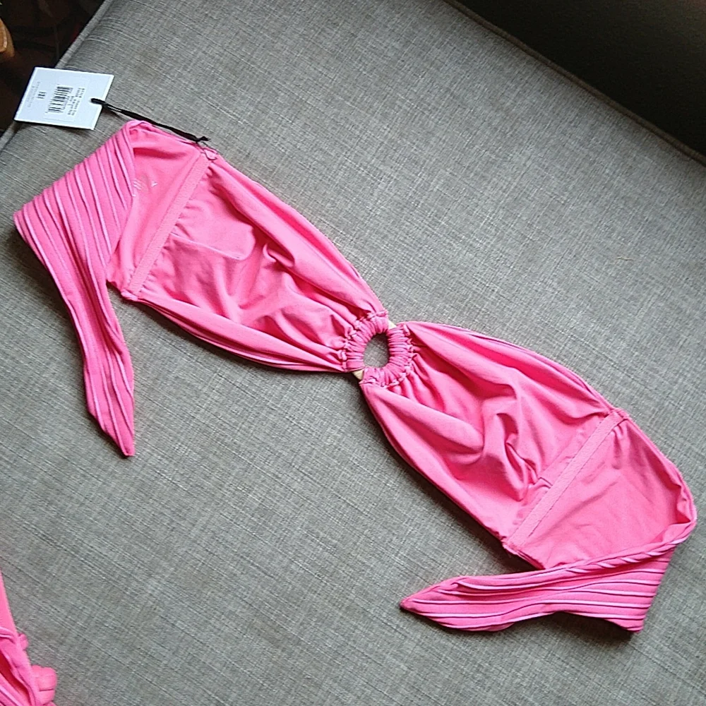 Revel Rey Bright Pink Bandeau Strapless High Rise Bikini Resort Claire Hayes